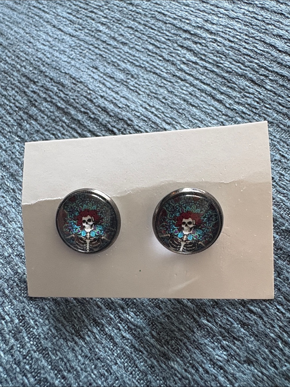 Skeleton Flower Stud Earrings - Teal & Red Accent